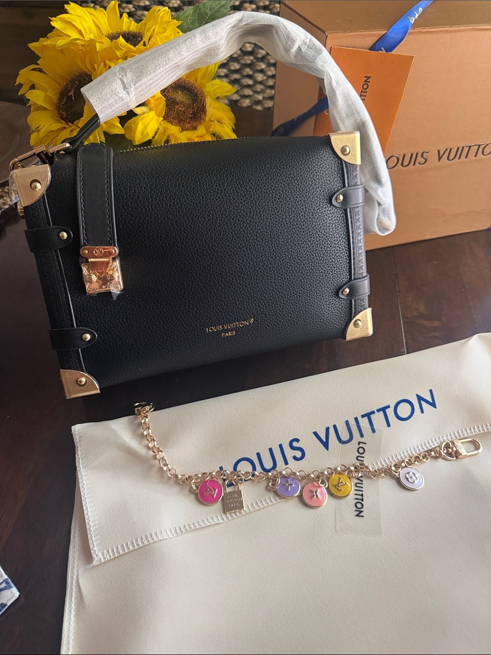 Black Petite Trunk Bag with Gold Corners and charms